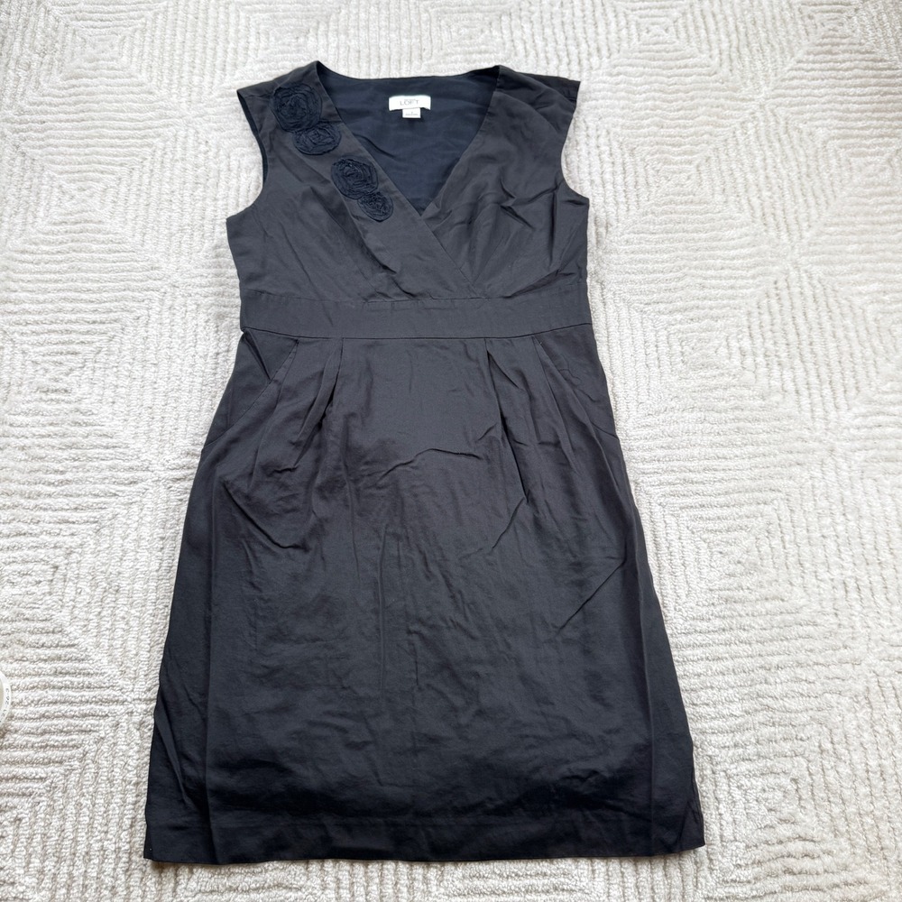 Ann Taylor Loft Dress Women's 2 Black Floral Rosette LBD Party Work Classic Chic